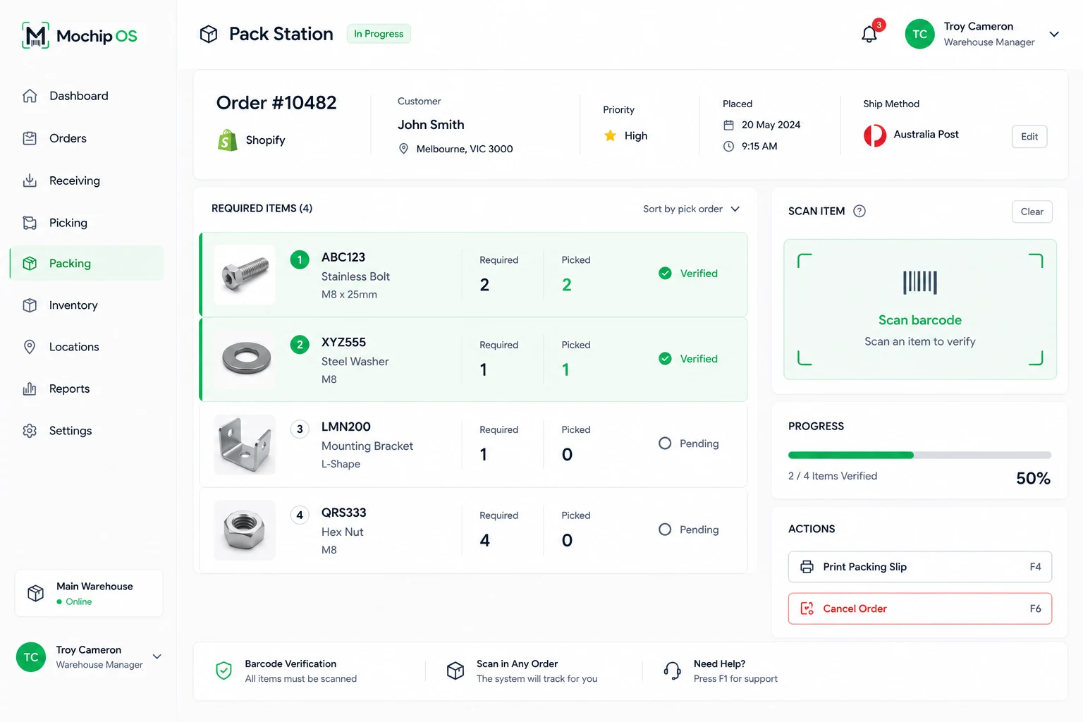 The Mochip OS pack station. An order header shows the customer, priority and ship method. The required items are listed with quantities required and picked, the first two marked verified and the rest pending, beside a panel prompting the operator to scan an item to verify it.